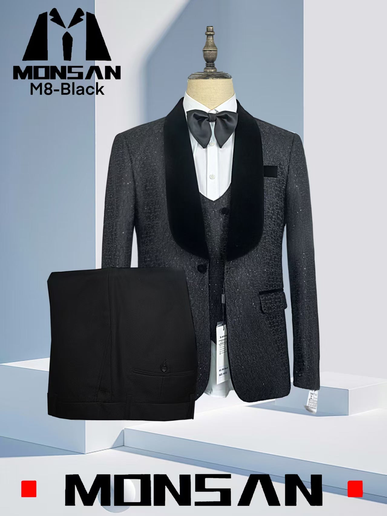 Dark charcoal velvet tuxedo suit set with shawl lapel jacket, vest, and bow tie