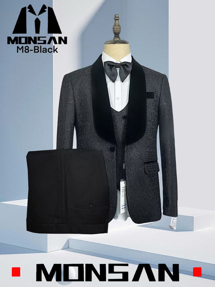 Dark charcoal velvet tuxedo suit set with shawl lapel jacket, vest, and bow tie