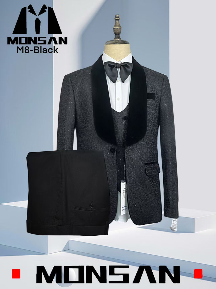 Dark charcoal velvet tuxedo suit set with shawl lapel jacket, vest, and bow tie