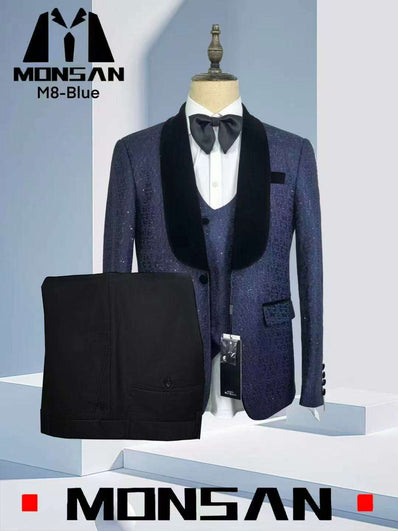 Blue sequin jacquard men’s suit: shawl lapel jacket with black vest and bow tie