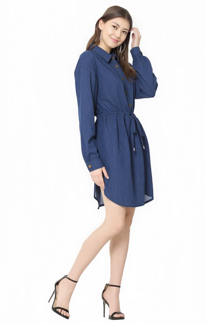 Blue button-front drawstring dress with long sleeves and tie waist