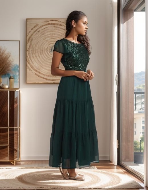 Dark green sequin flutter sleeve maxi dress with cap sleeves and tiered skirt