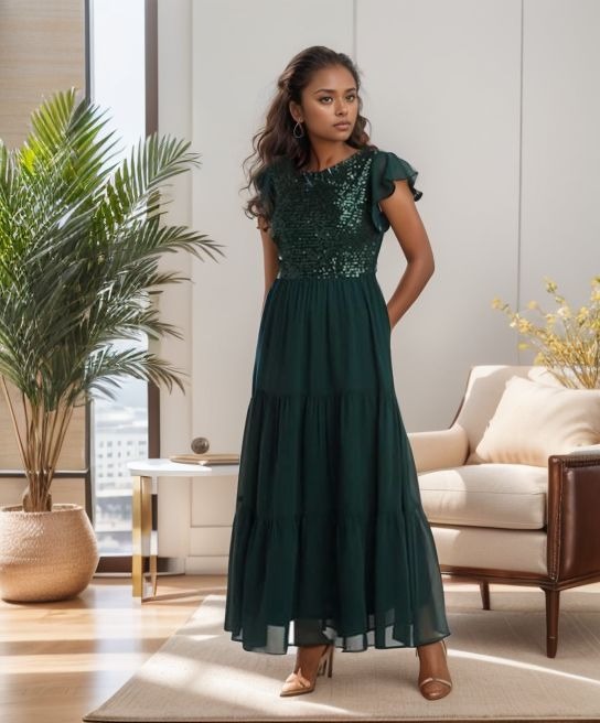 Dark green sequin flutter sleeve maxi dress with embellished bodice and layered tulle skirt