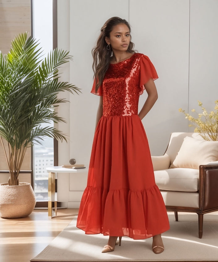 Red sequin flutter sleeve maxi dress with short sleeves and tiered chiffon skirt