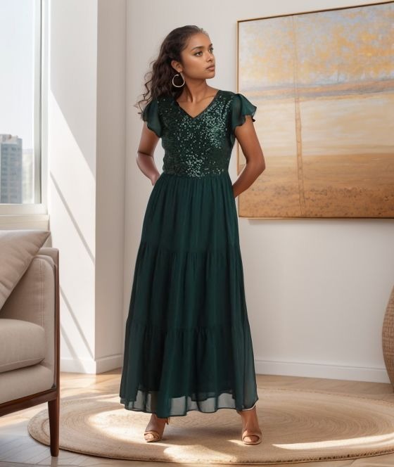 Dark green sequin flutter sleeve maxi dress with V-neck bodice and flowy tiered skirt
