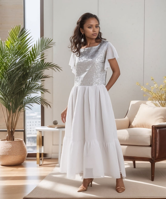 White sequin flutter sleeve maxi dress with short sleeves and tiered skirt