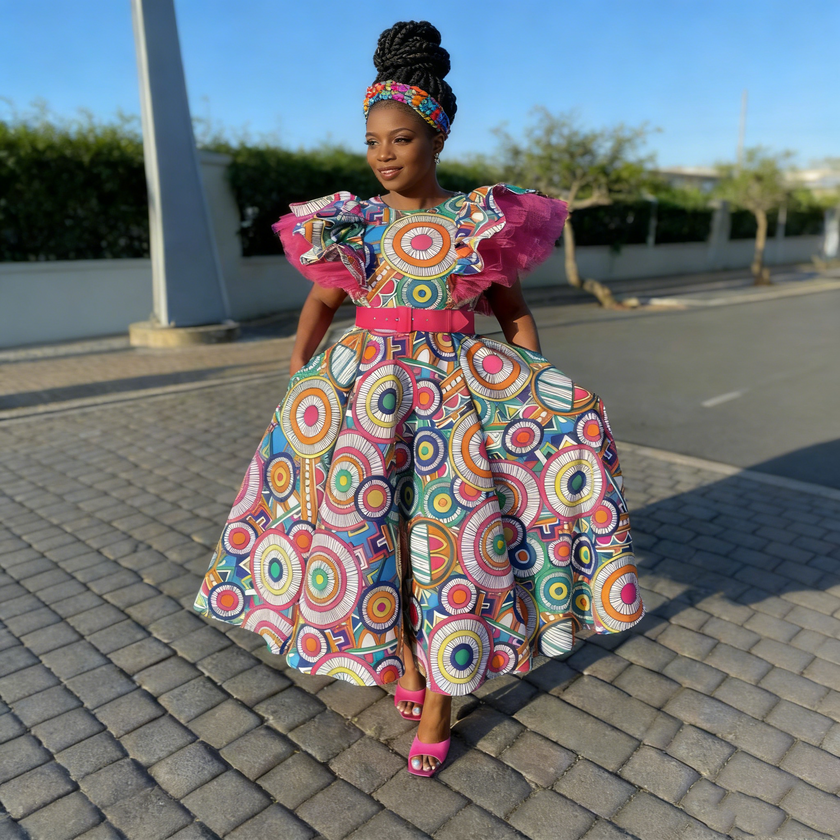 Dress Ruffled Sleeve Geometric Print Festive Party