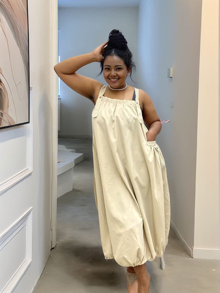 Beige utility maxi dress with square neck and adjustable drawstring waist