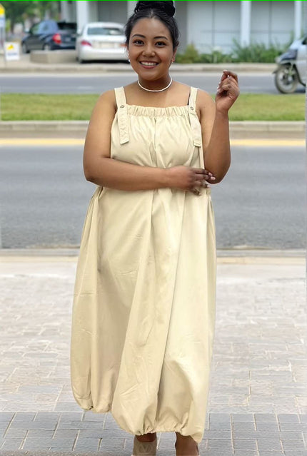 Light beige utility maxi dress with square neck and adjustable drawstring waist