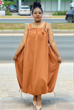 Brown utility maxi dress with square neck and adjustable drawstring waist