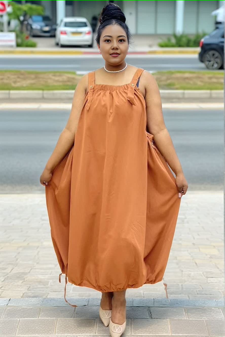 Brown utility maxi dress with square neck and adjustable drawstring waist