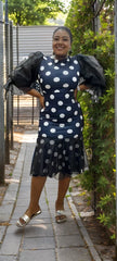 Polka dot mesh dress with puff sleeves, dark base and white dots
