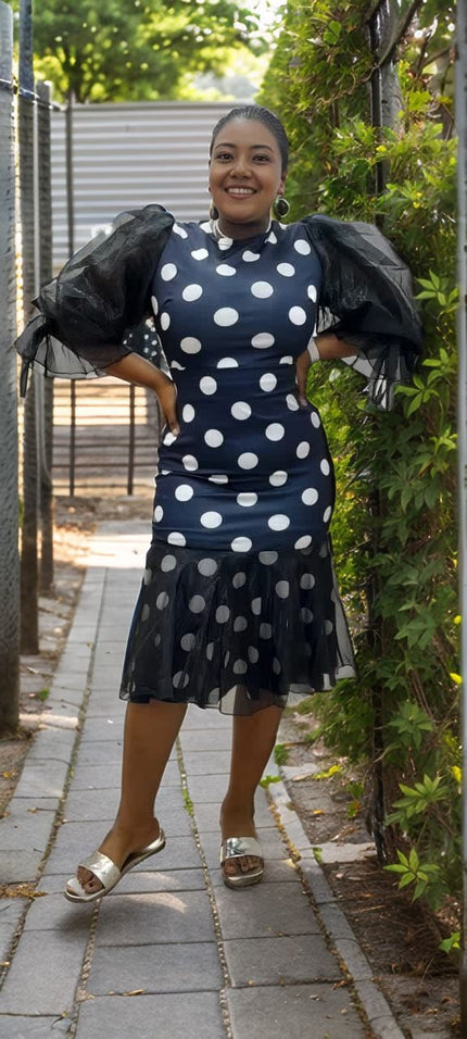 Polka dot mesh dress with puff sleeves, dark base and white dots