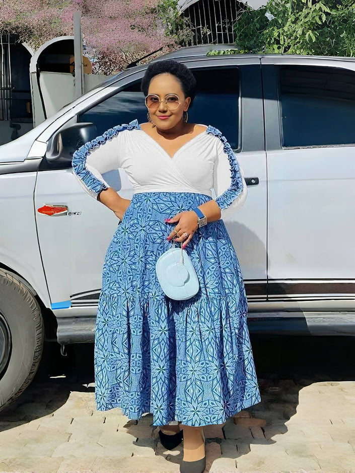 Women's V-Neck Patchwork Long Sleeve Dress, Geometric Pattern High-Waist Flared Design, Ruched Cuff Detailing