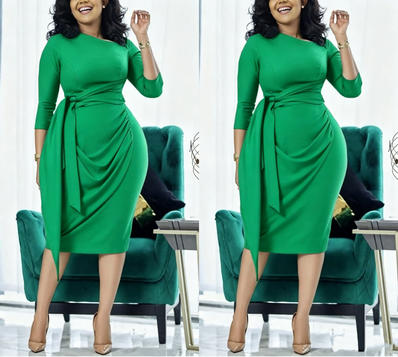 Slim-fit midi dress in lime green with waist tie and draped pleated front