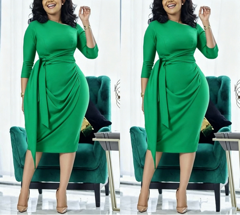 Waist-tie pleated midi dress, green slim fit with waist tie and pleats