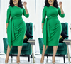 Waist-tie pleated midi dress, green slim fit with waist tie and pleats