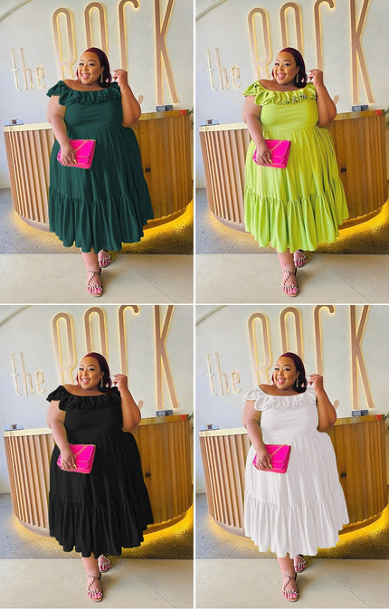 Off-shoulder ruffle tiered midi dress in dark green