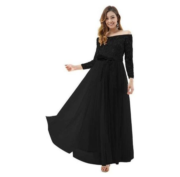 Black off-shoulder lace maxi dress with long sleeves and flowing A-line skirt