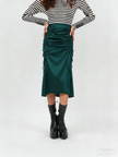 Ruched midi skirt with adjustable stretch waistband, dark teal green, gathered front