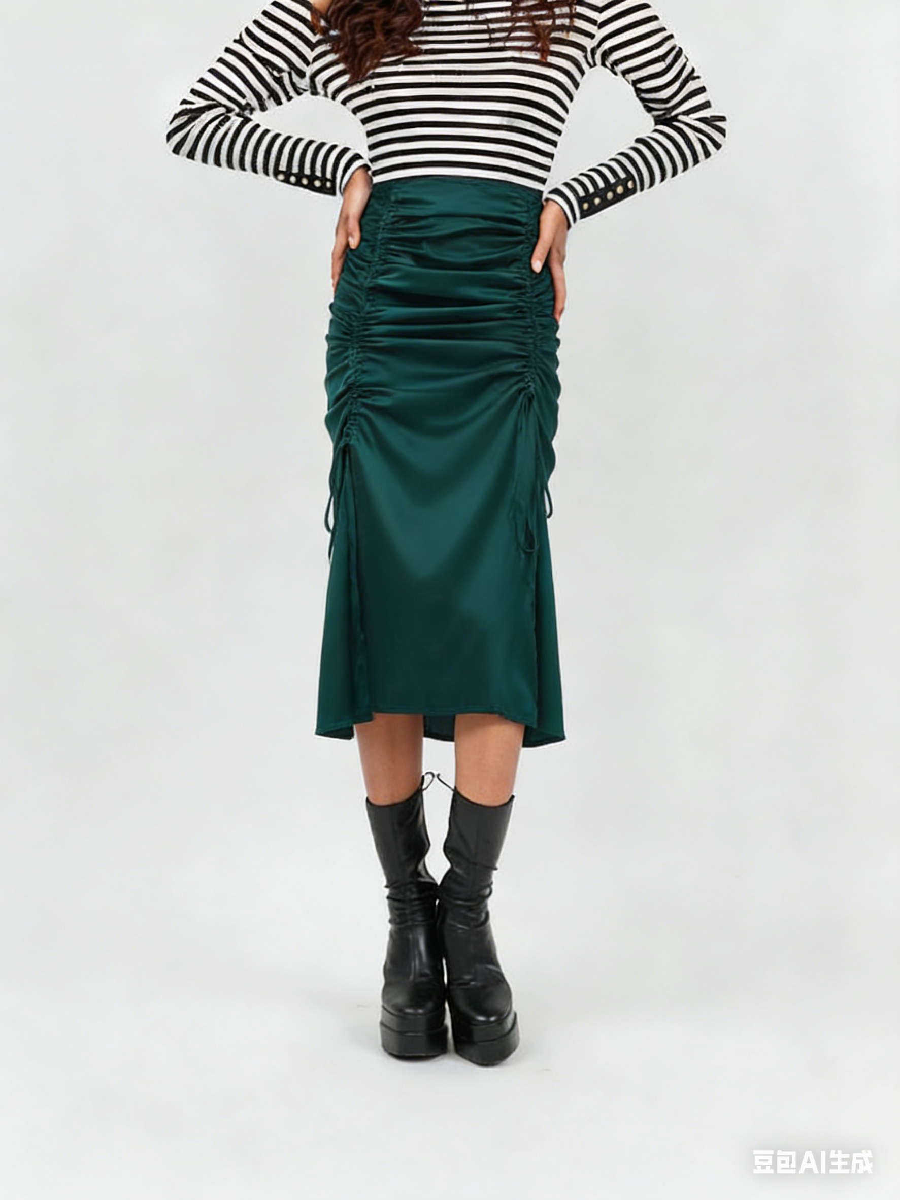 Ruched midi skirt with adjustable stretch waistband, dark teal green, gathered front