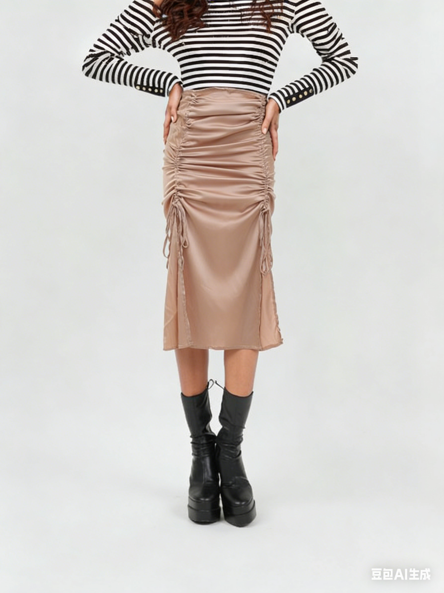 Ruched midi skirt with adjustable stretch waistband, dusty pink, gathered front