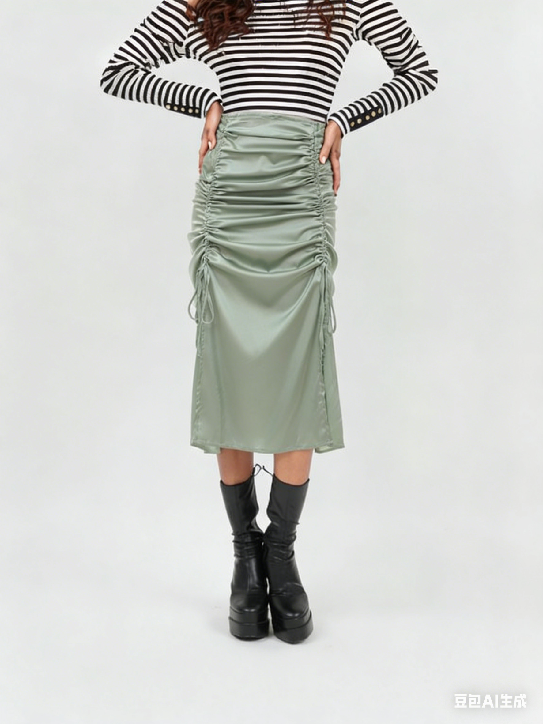 Ruched midi skirt with adjustable stretch waistband, sage green, gathered front