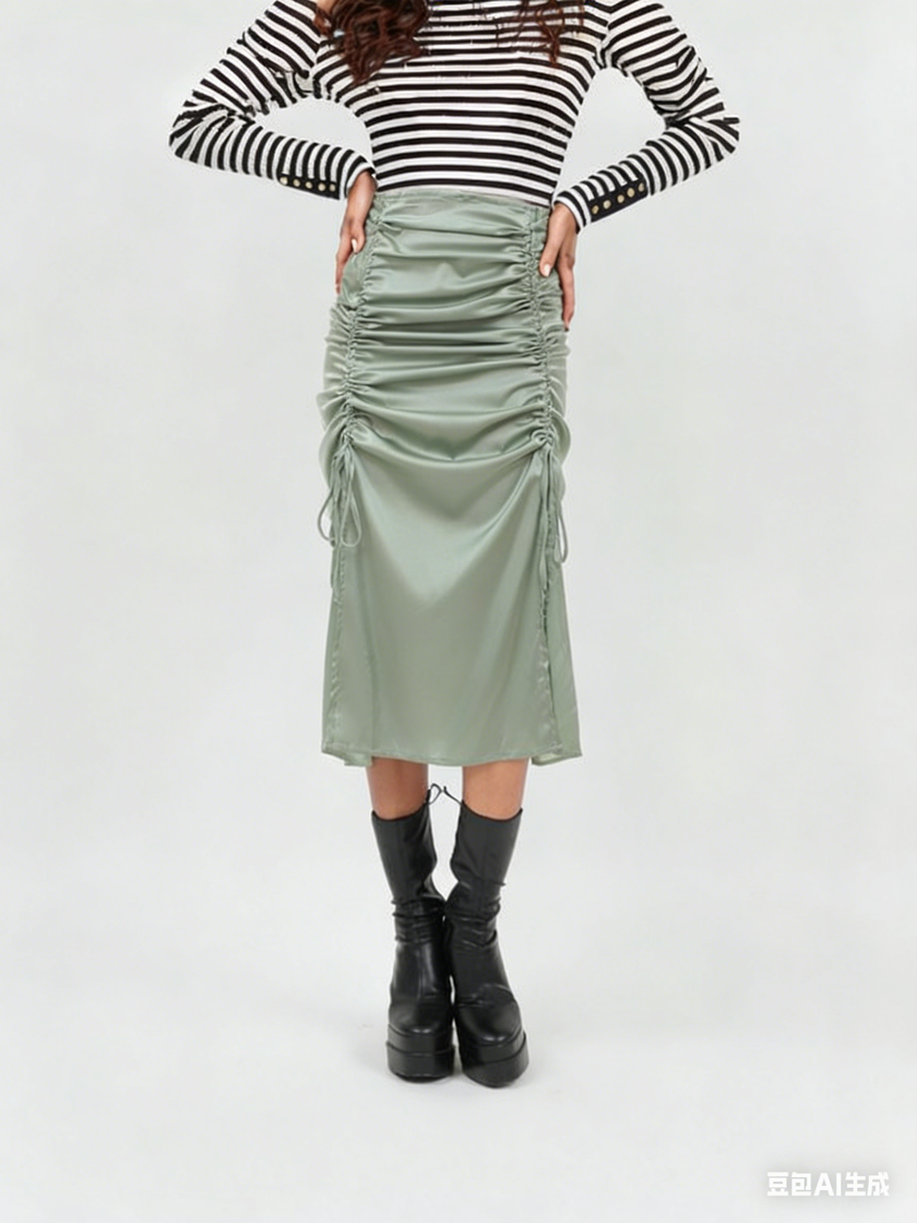 Ruched midi skirt with adjustable stretch waistband, sage green, gathered front