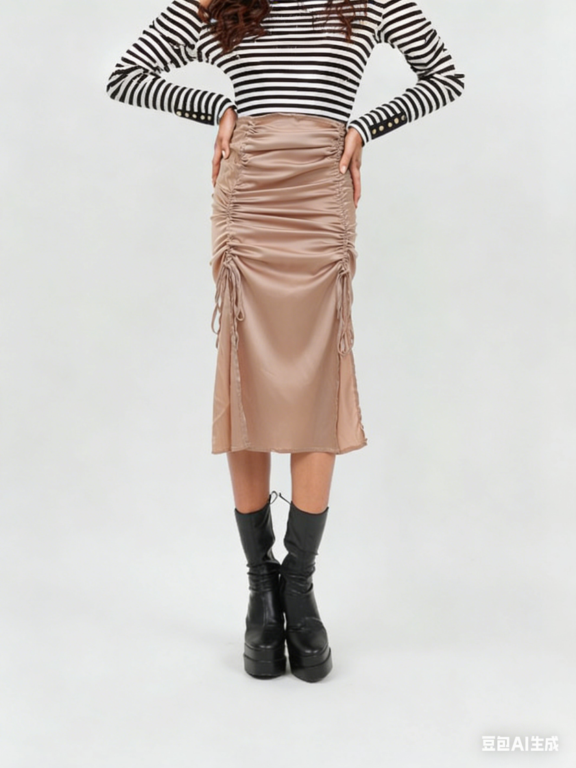 Ruched midi skirt with adjustable stretch waistband, dusty pink, gathered front
