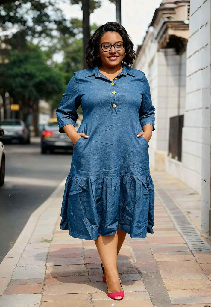 Plus size midi dress in dark blue knit with button placket and tiered ruffle hem