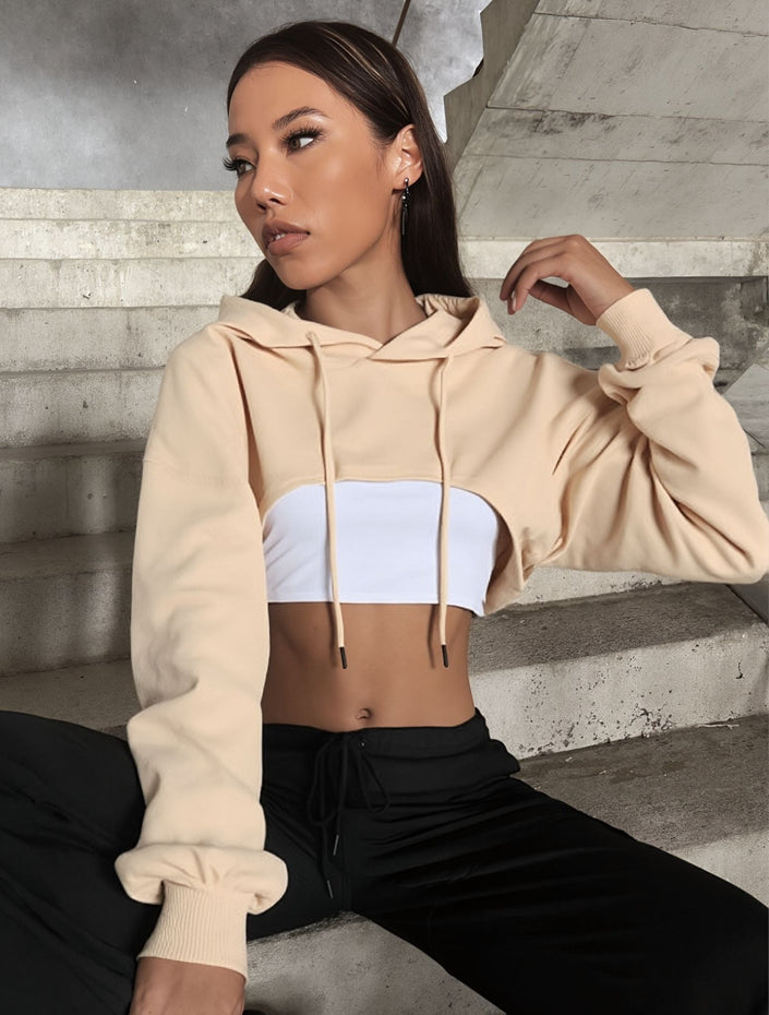Cropped off-shoulder hoodie top in light beige with white front panel, drawstring hood