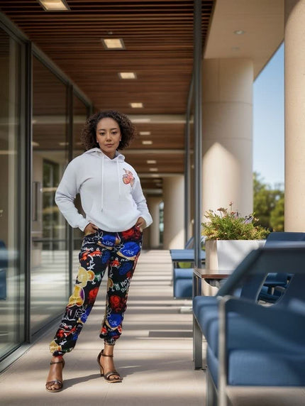 Cartoon hoodie and pants twin set, white hooded sweatshirt; dark blue cartoon print joggers