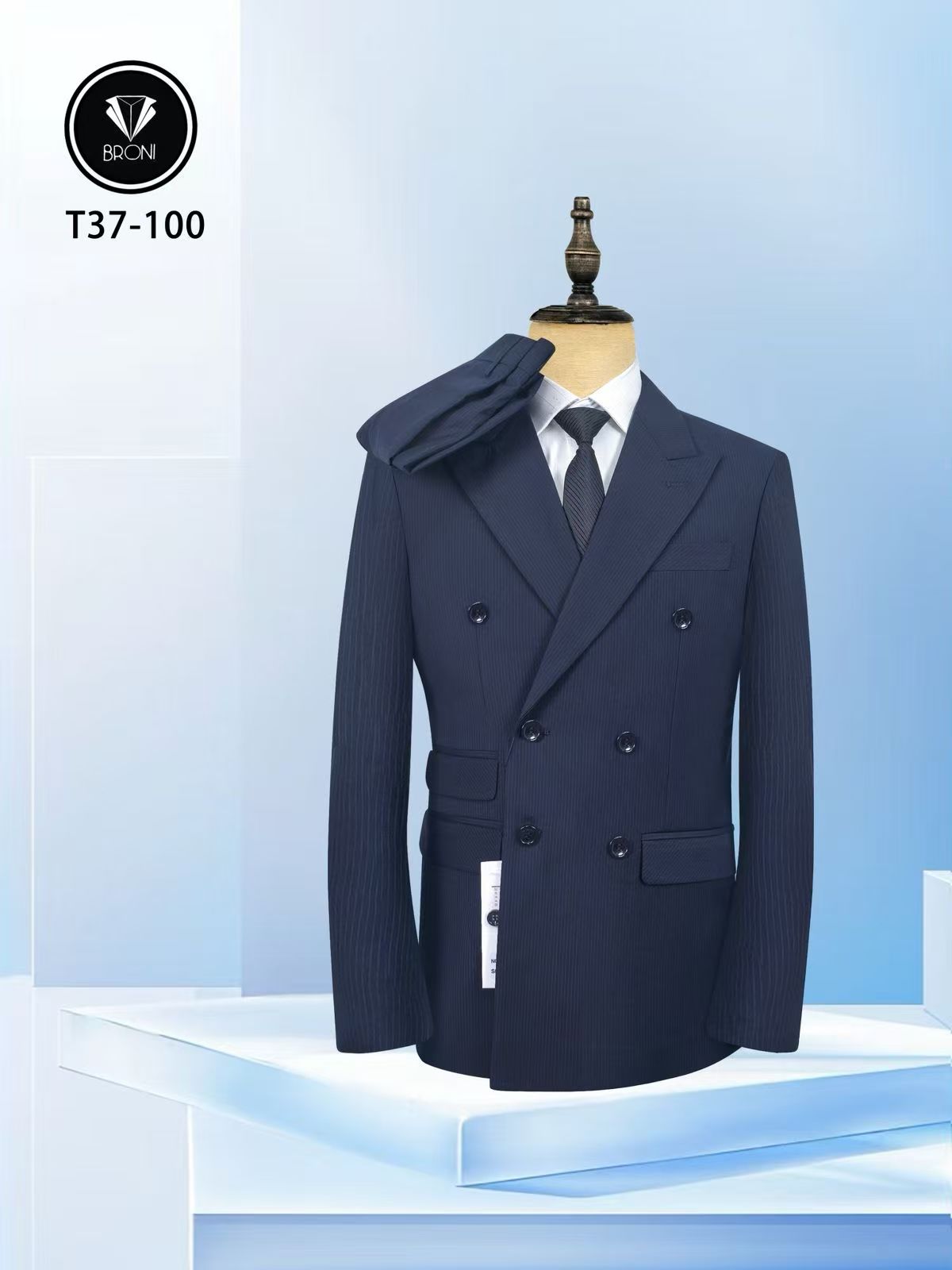Navy pinstripe slim-fit suit jacket with matching vest, buttoned double-breasted