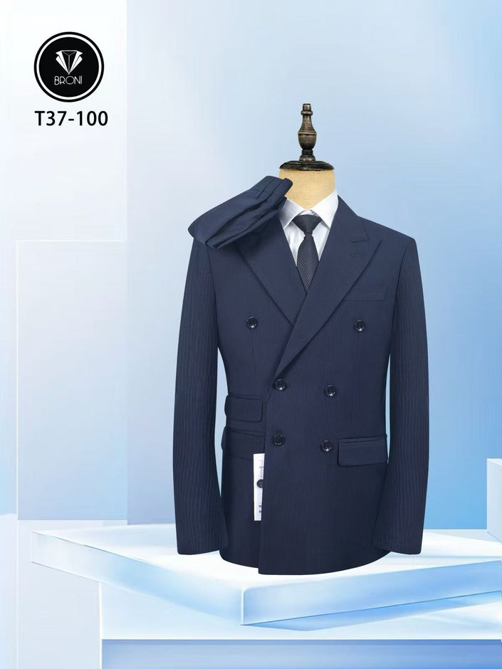Navy pinstripe slim-fit suit jacket with matching vest, buttoned double-breasted