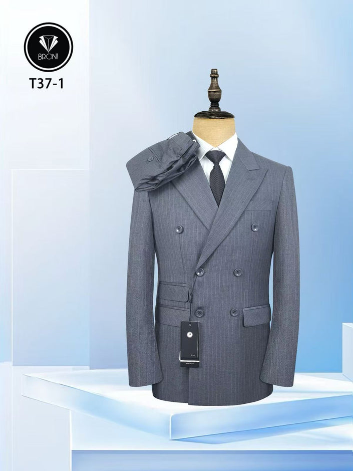 Grey pinstripe double-breasted suit set with matching vest and shirt, jacket front