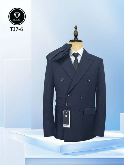 Navy pinstripe double-breasted suit jacket on mannequin