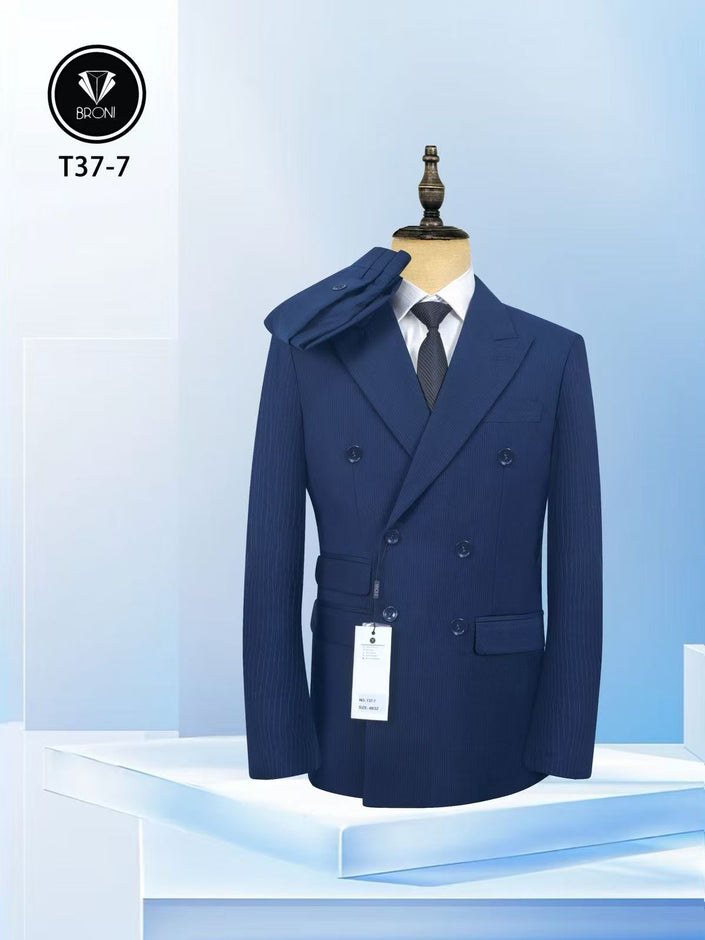Men's blue pinstripe double-breasted suit jacket with notch lapels and pocket