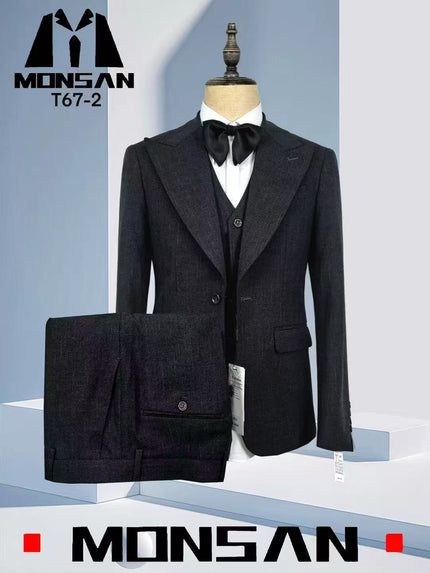 Mens dark grey peak lapel suit jacket with vest and matching trousers