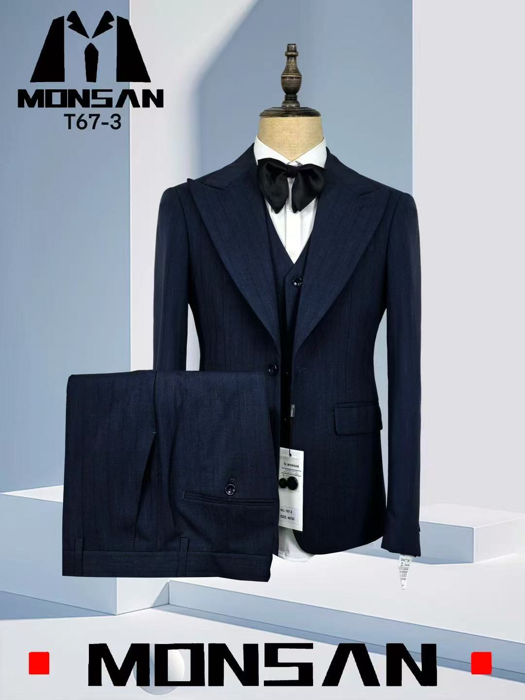 Navy pinstripe 3-piece suit with peak lapel jacket, vest, and matching trousers