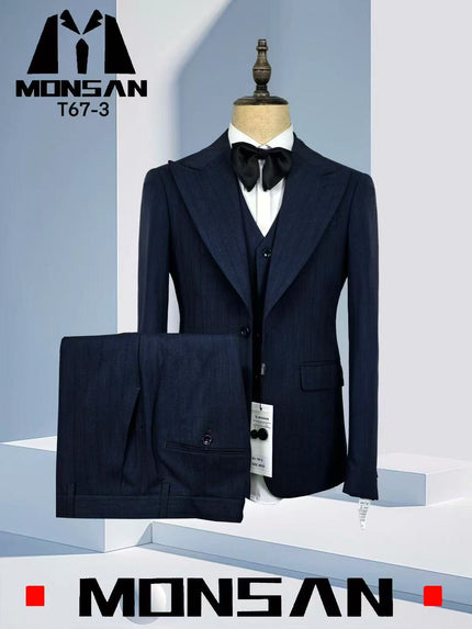 Navy pinstripe 3-piece suit with peak lapel jacket, vest, and matching trousers