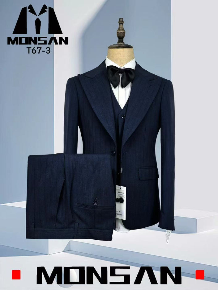 Navy pinstripe 3-piece suit with peak lapel jacket, vest, and matching trousers