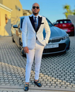 Mens white rhinestone tuxedo suit with black shawl lapels