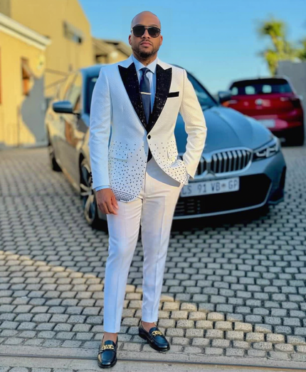 Mens white rhinestone tuxedo suit with black shawl lapels