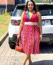 Embroidered sleeveless midi dress with red multicolor patterned bodice and skirt