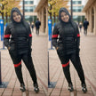 Black hooded top and pants set with red stripe details, zip-front
