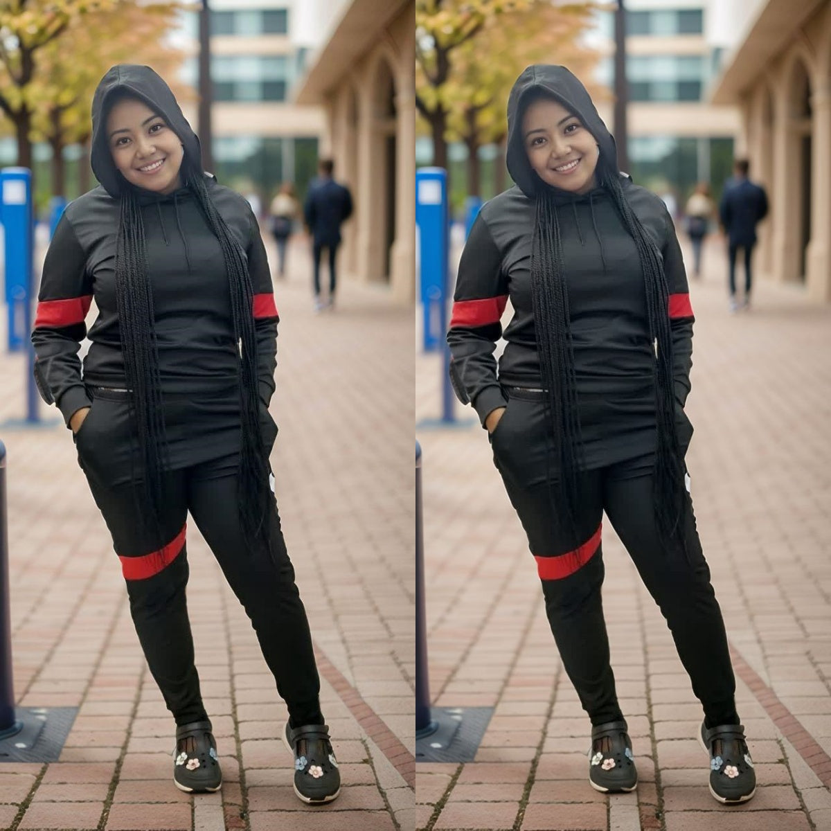 Black hooded top and pants set with red stripe details, zip-front
