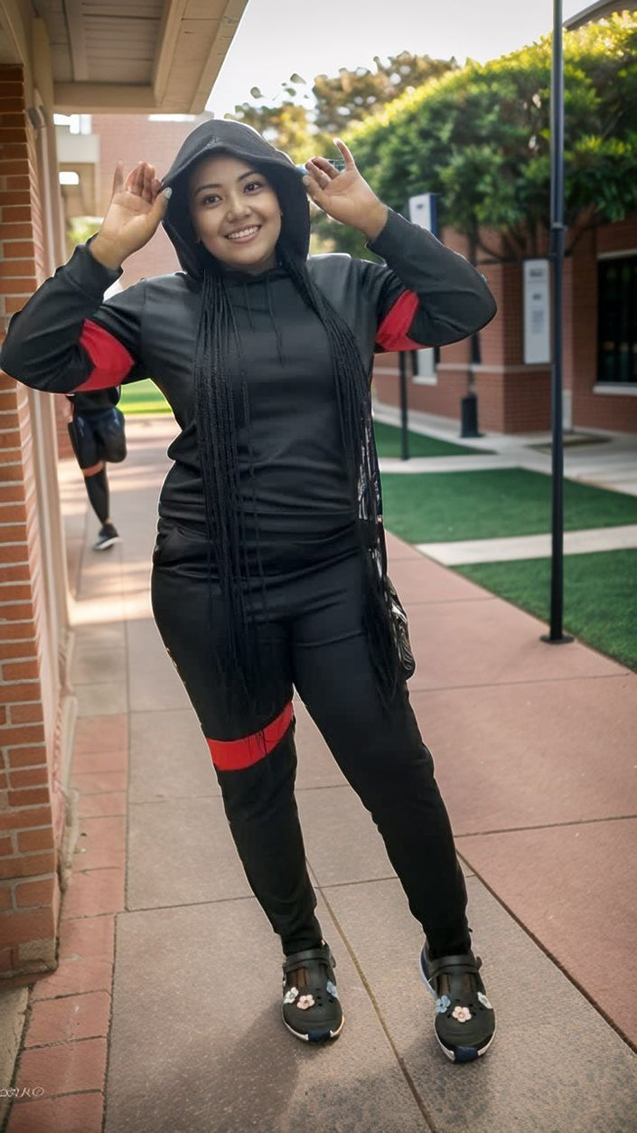 Black Two-Piece Tracksuit with Red Stripe Accents, Hooded Top and Fitted Pants