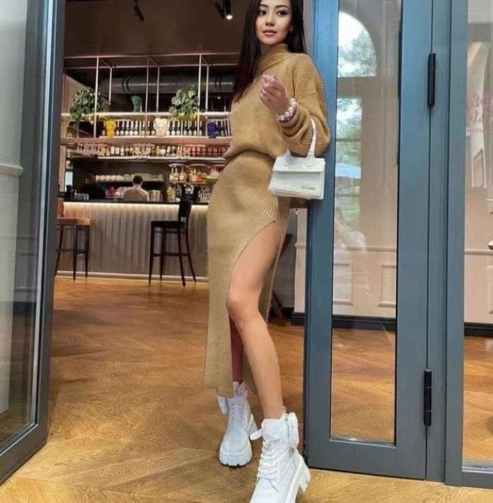 Tan long-sleeve knit midi dress with front slit and bodycon fit