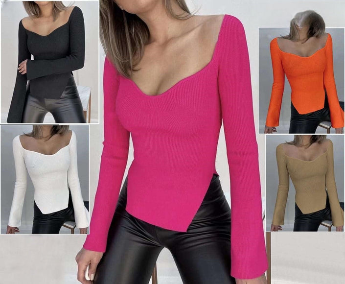Knit slim-fit V-neck long-sleeve top with fitted cuffs and clean neckline