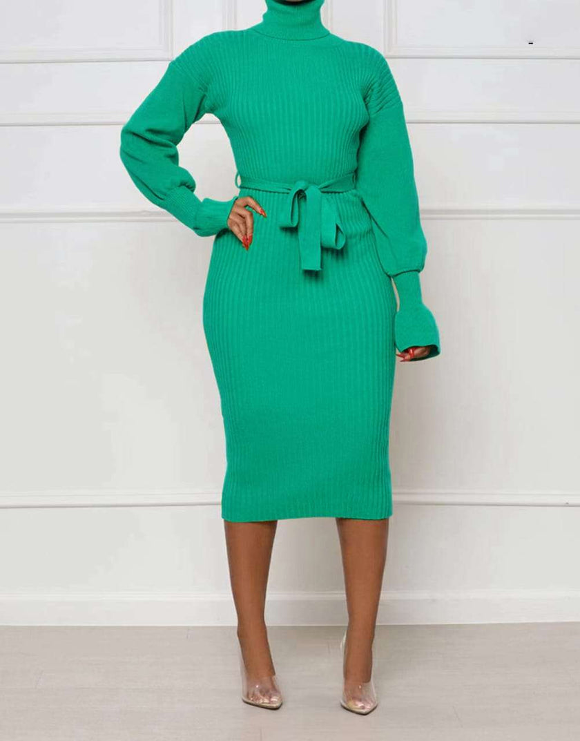 Long-Sleeve Belted Turtleneck Knitted Dress with Elegant Slim-Fit Design